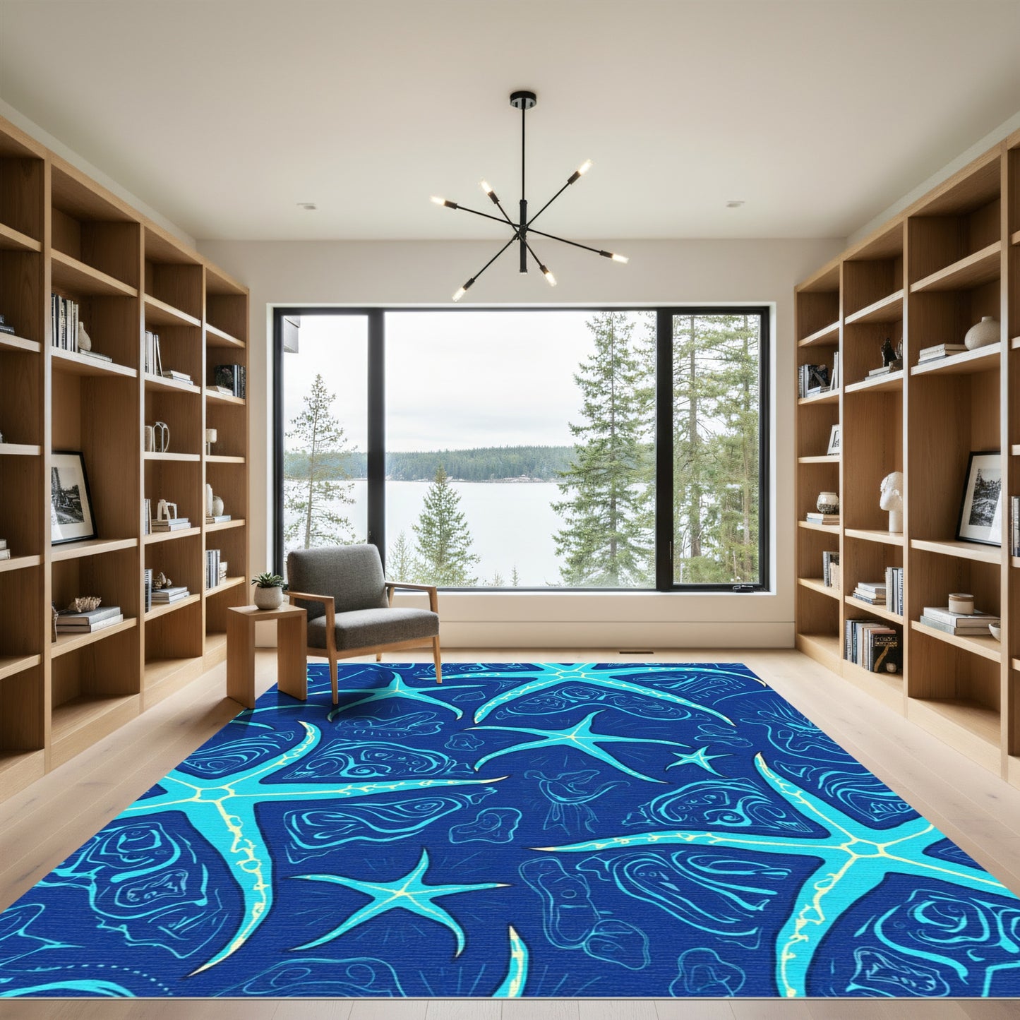 Blue Starfish Swirls Underwater Scene Rug