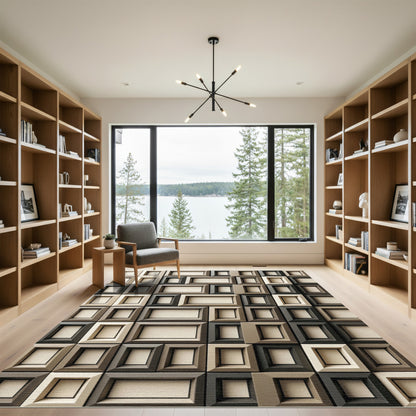 Neutral Toned Geometric Wood Frame Rug