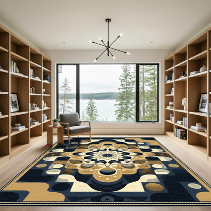 Abstract Geometric Ochre Blue Mandala Rug