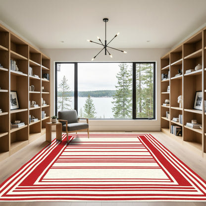 Bold Red Bordered Striped Rug