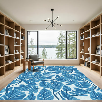 Deep Blue Banana Leaf Swirls Rug