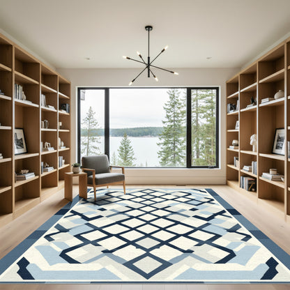Modern Blue White Geometric Overlay Rug