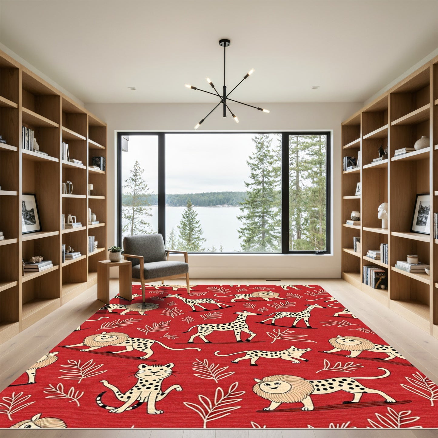 Whimsical Red Jungle Safari Animals Rug
