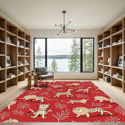 Whimsical Red Jungle Safari Animals Rug