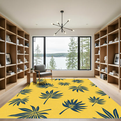 Deep Blue Palm Frond Yellow Tropical Rug