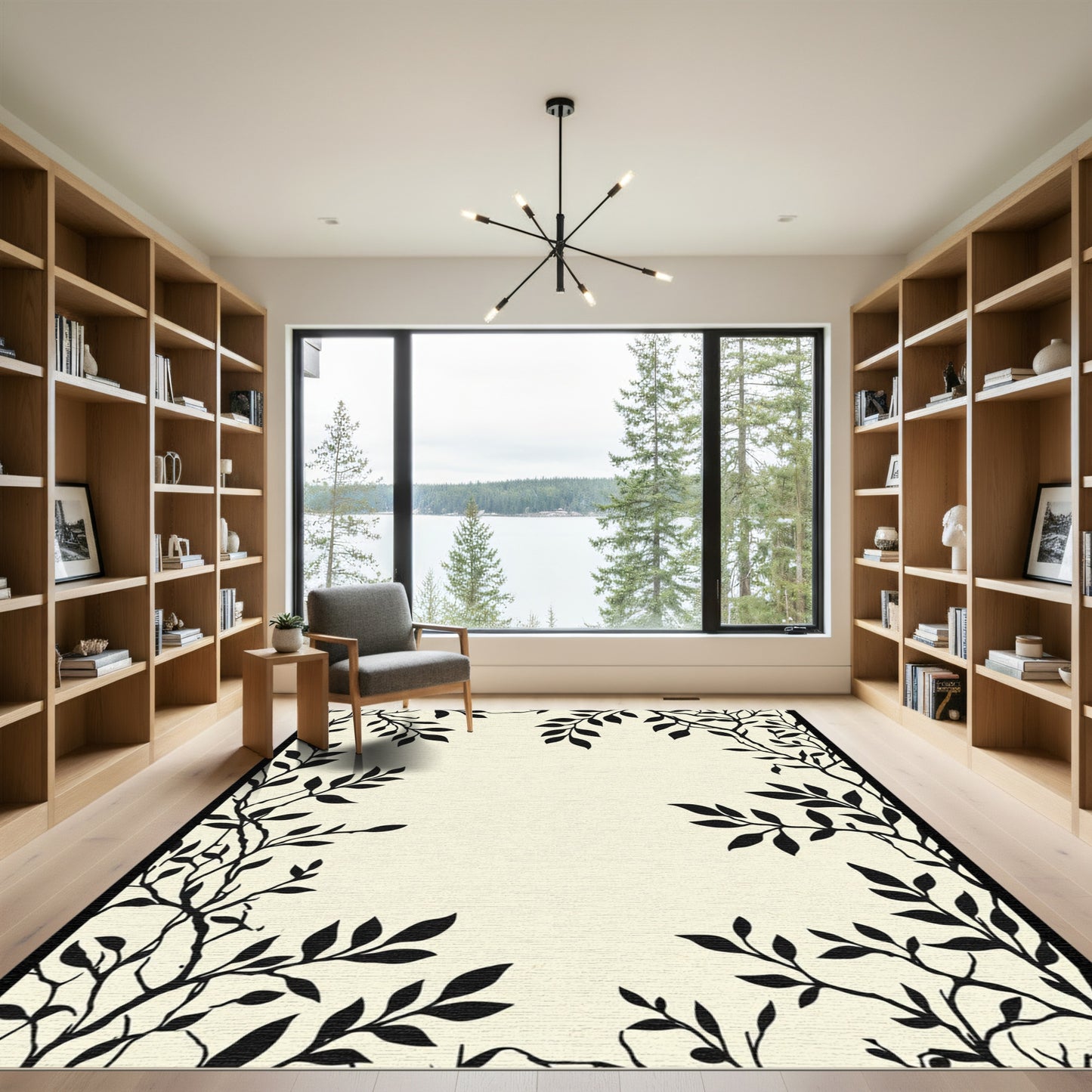 Black Silhouette Botanical Branch Vine Rug