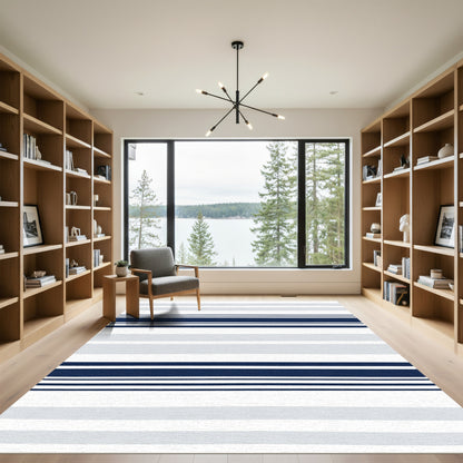 Classic Blue Gray White Stripes Rug