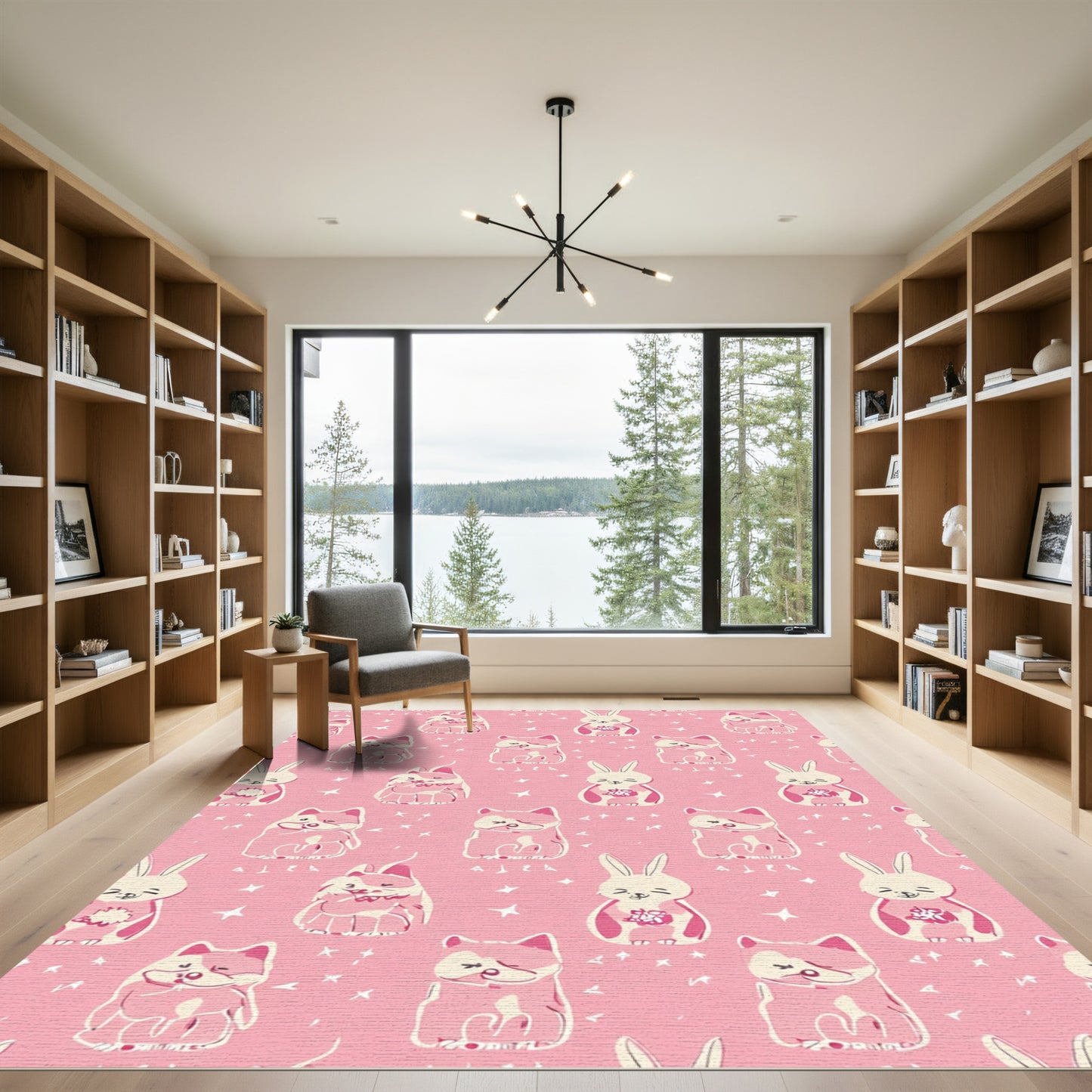 Pink Cute Fox Rabbit Star Pattern Rug