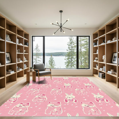 Pink Cute Fox Rabbit Star Pattern Rug
