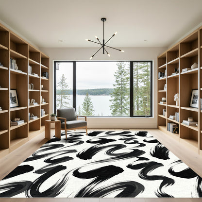 Bold Black Ink Brush Strokes Rug
