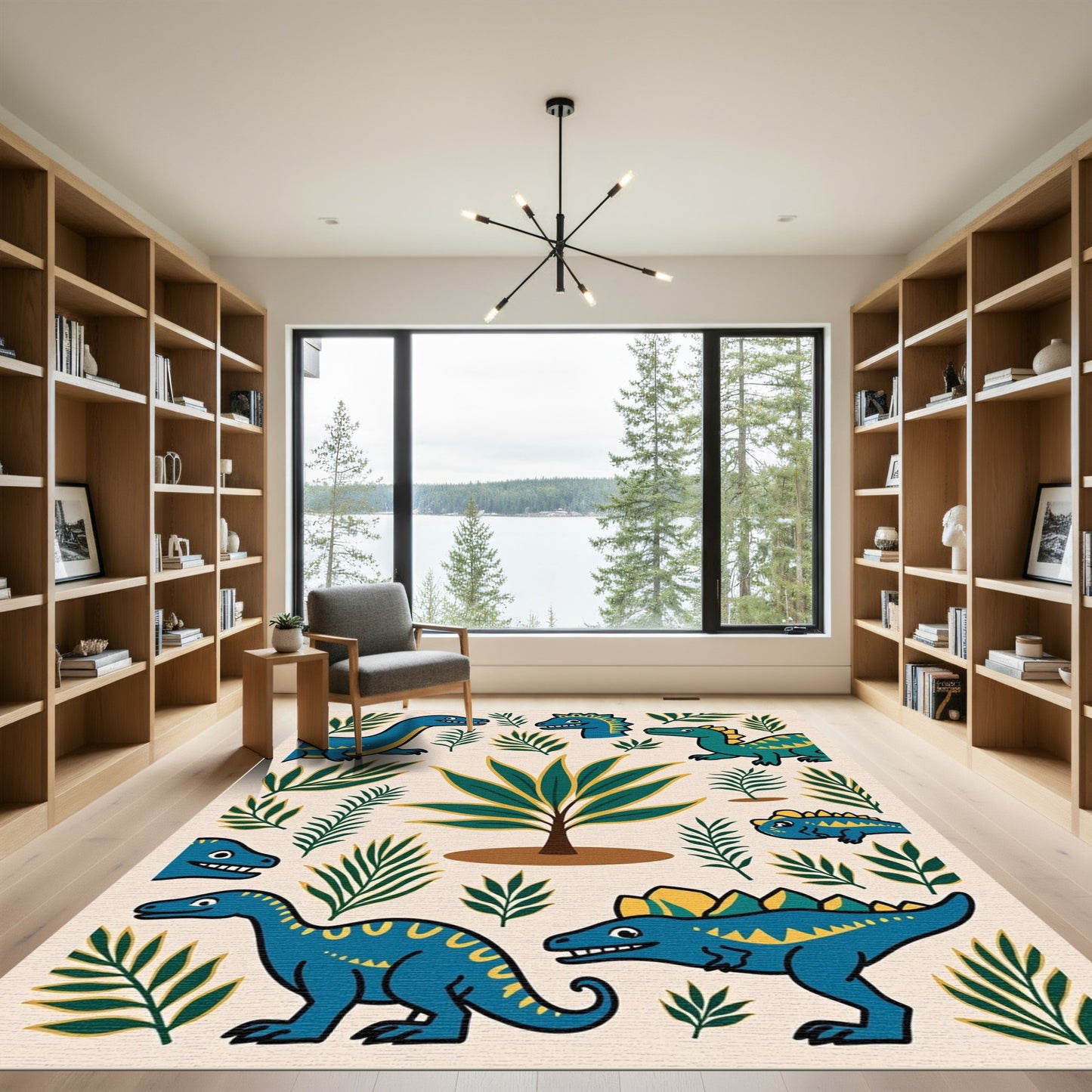 Blue Dinosaur Green Jungle Whimsical Rug
