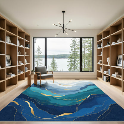Oceanic Blue Waves Gold Accent Rug