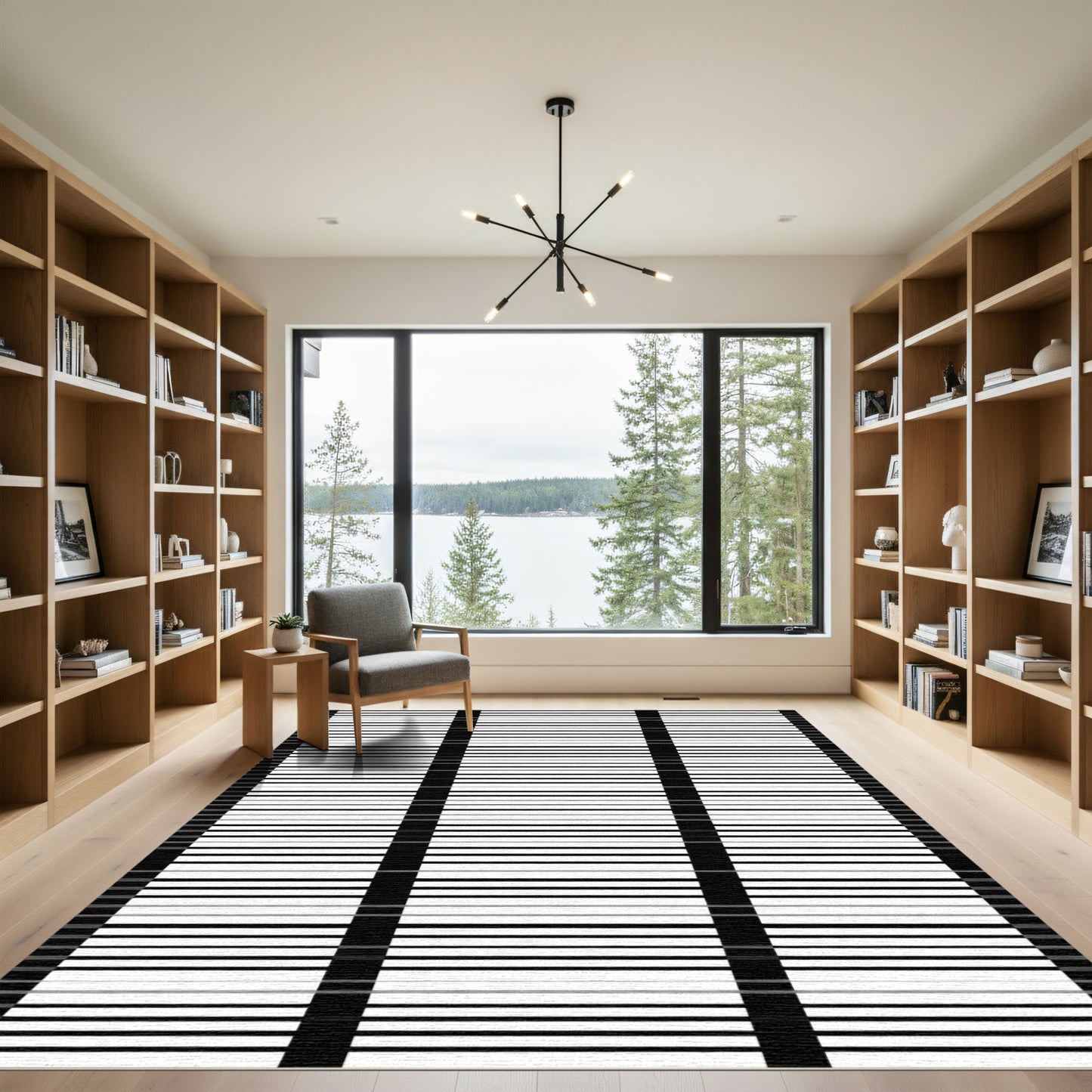 Monochrome Horizontal Stripe Grid Rug