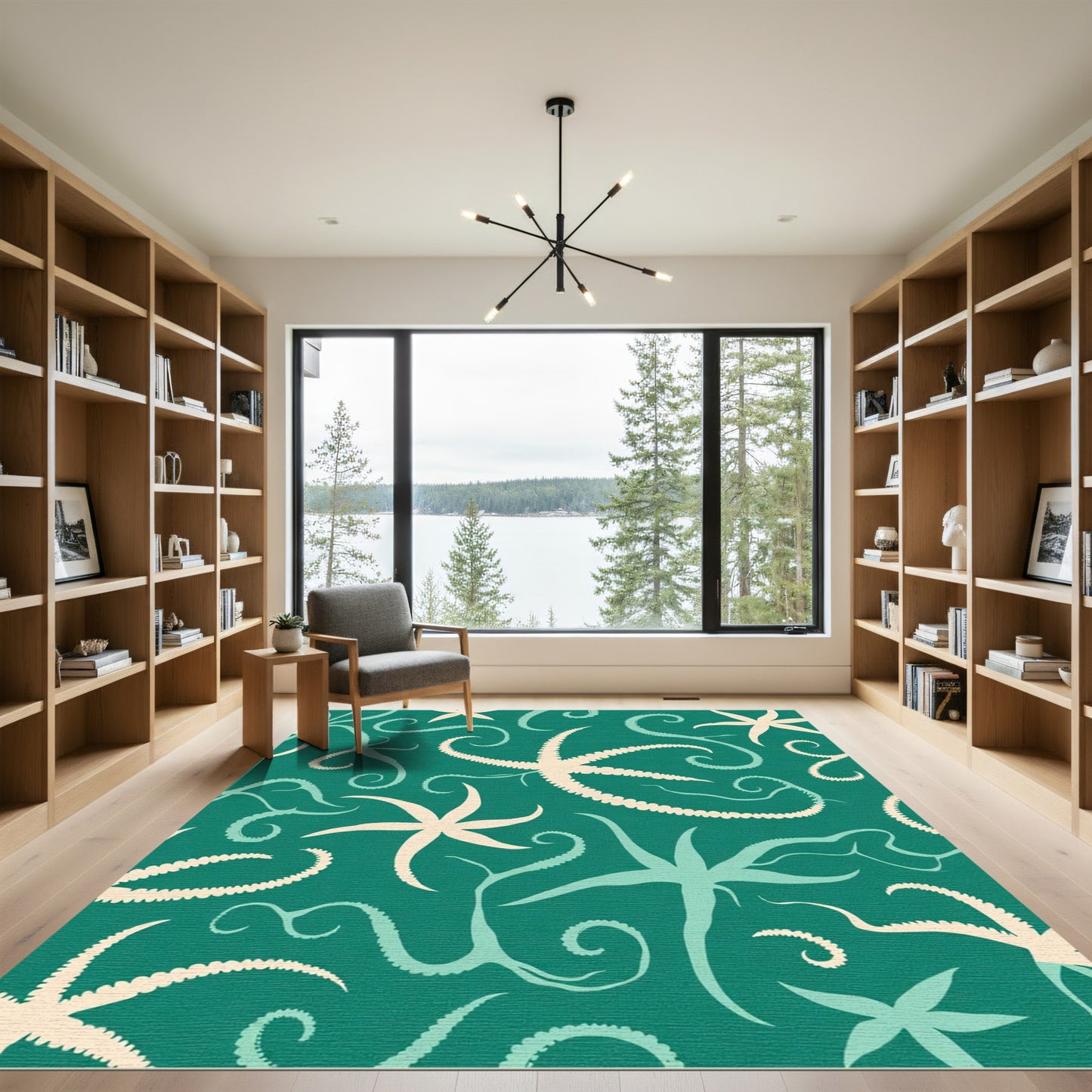 Teal Starfish Swirl Aquatic Motif Rug