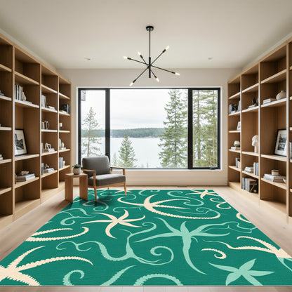 Teal Starfish Swirl Aquatic Motif Rug