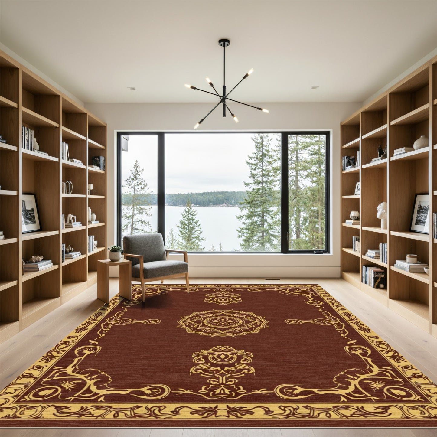 Rich Brown Ornate Floral Frame Rug
