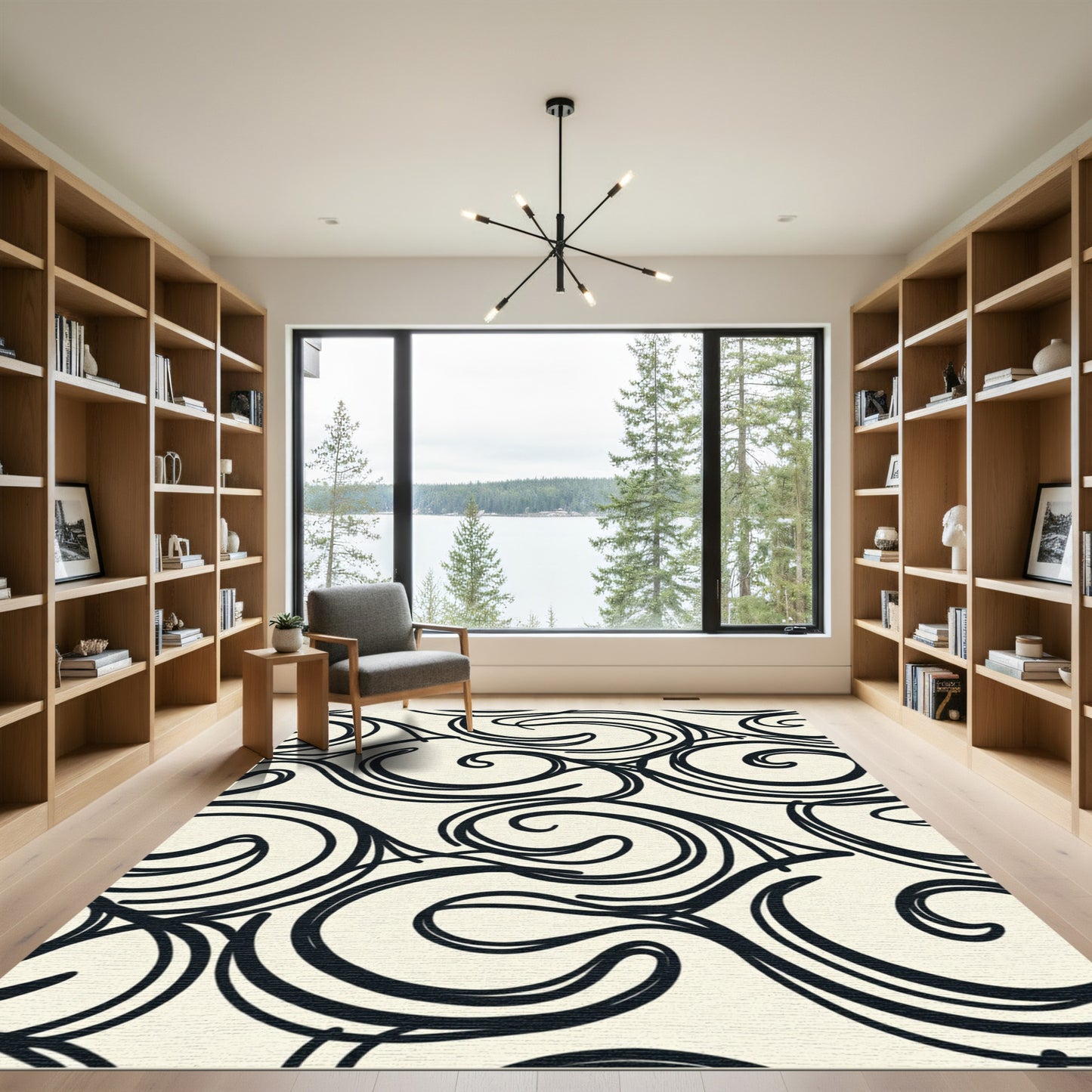 Black Cream Swirl Vine Art Rug