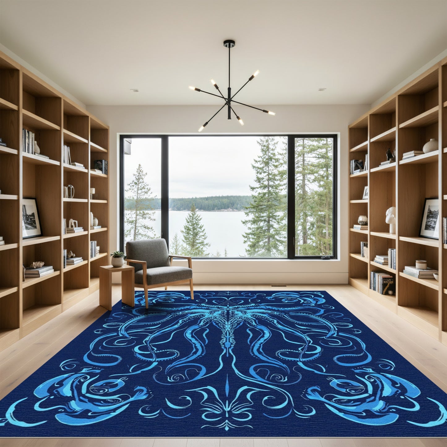 Deep Blue Oceanic Tentacle Mandala Rug