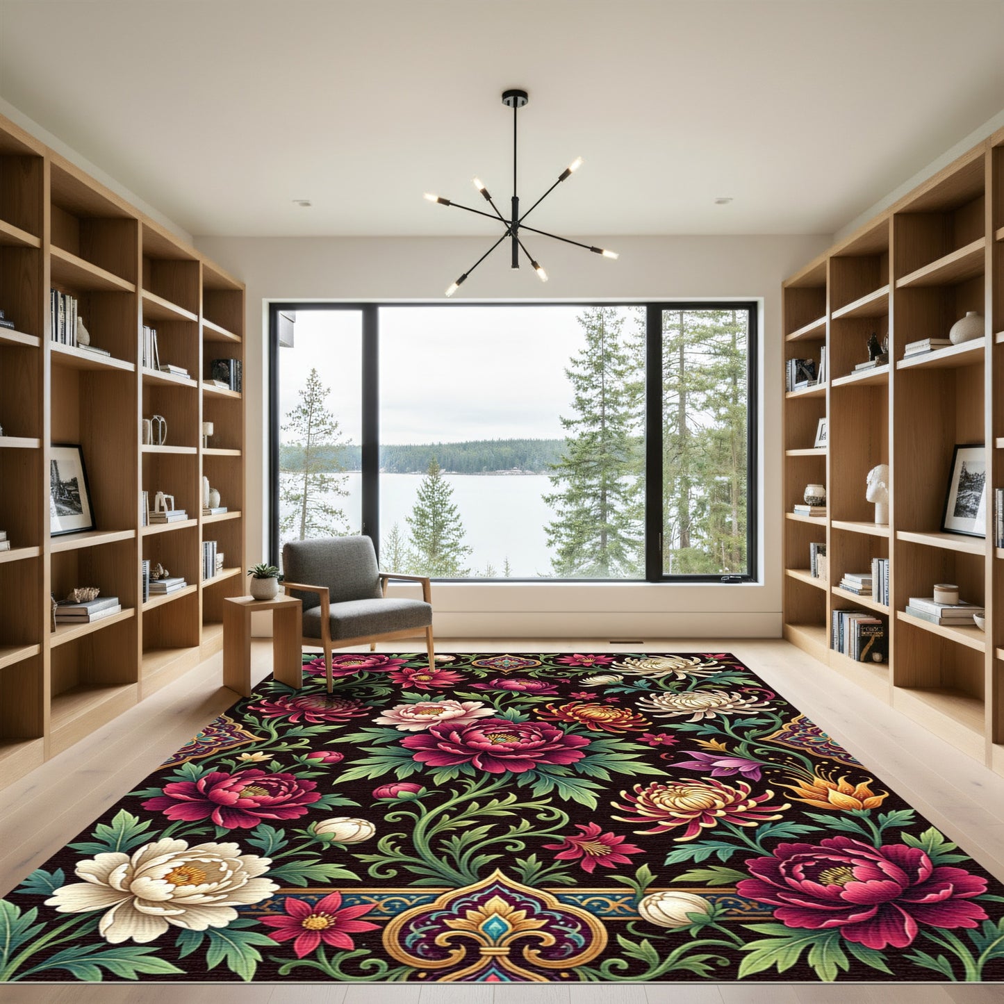 Dark Crimson Floral Art Deco Garden Rug