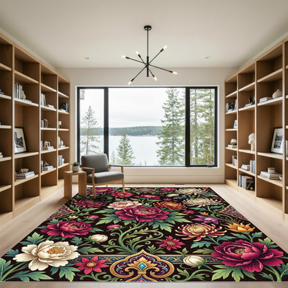 Dark Crimson Floral Art Deco Garden Rug