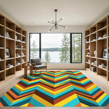 Midcentury Chevron Yellow Teal Orange Abstract Rug