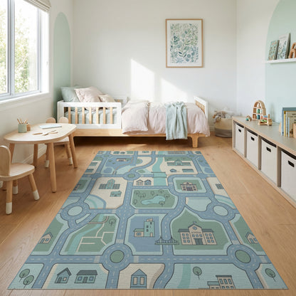Whimsical Teal City Grid Rug