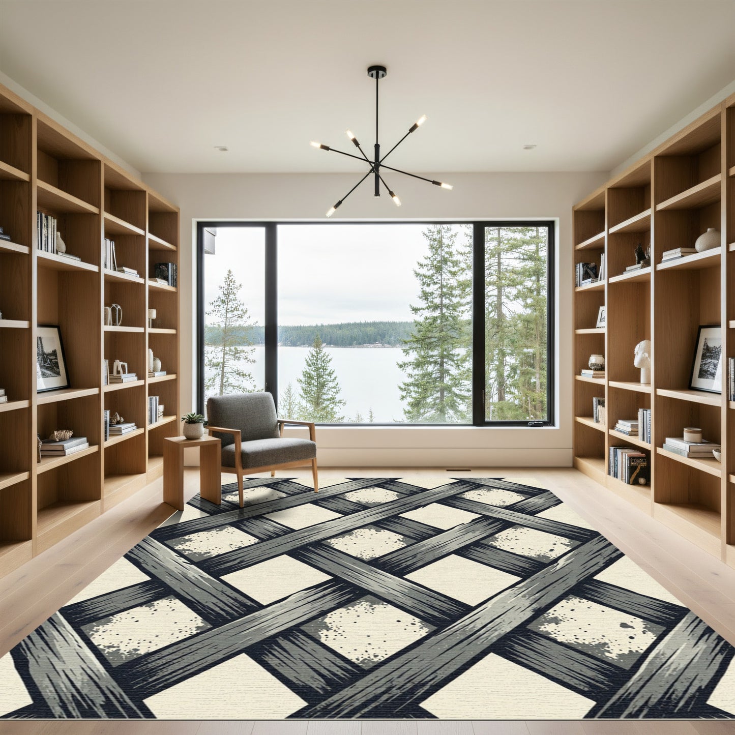 Monochromatic Gray Woven Geometric Lattice Rug