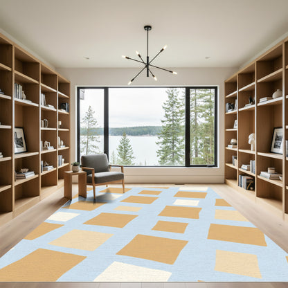 Tan Square Checkerboard Light Blue Rug