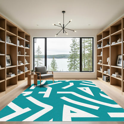 Teal White Geometric Abstract Composition Rug