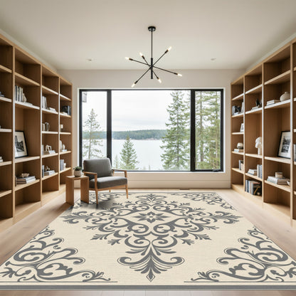 Gray and Cream Damask Scroll Rug