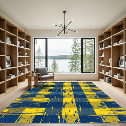 Distressed Navy and Golden Yellow Plaid Rug