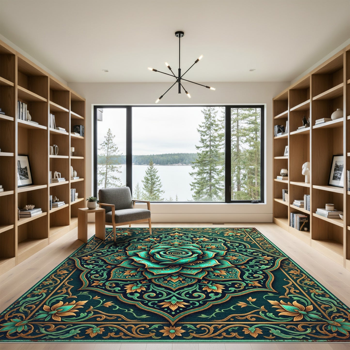 Teal Floral Rose Medallion Art Rug