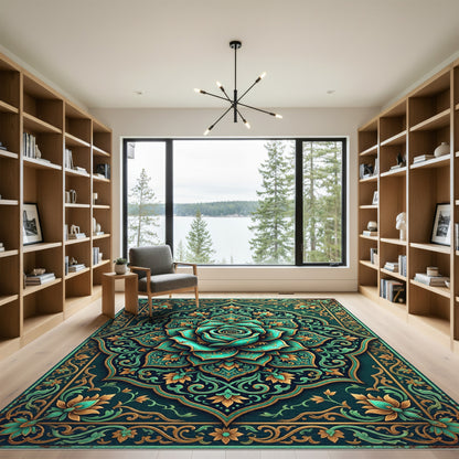 Teal Floral Rose Medallion Art Rug