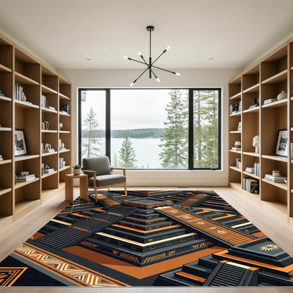 Ancient Aztec Pyramid Orange Black Rug