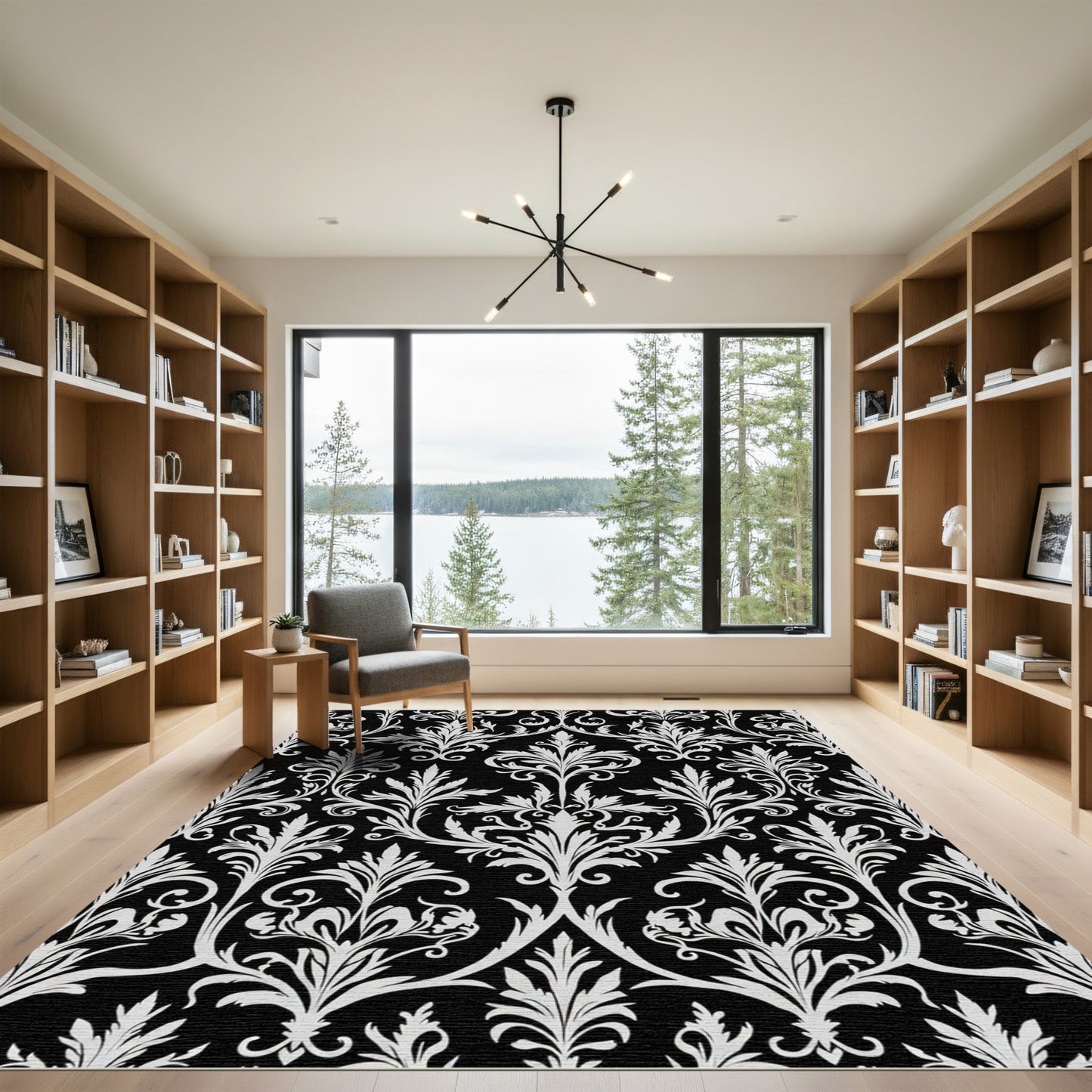 Classic Black White Floral Damask Rug