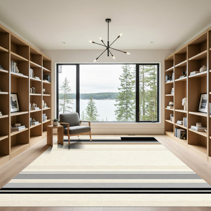 Neutral Cream Black Gray Stripe Rug