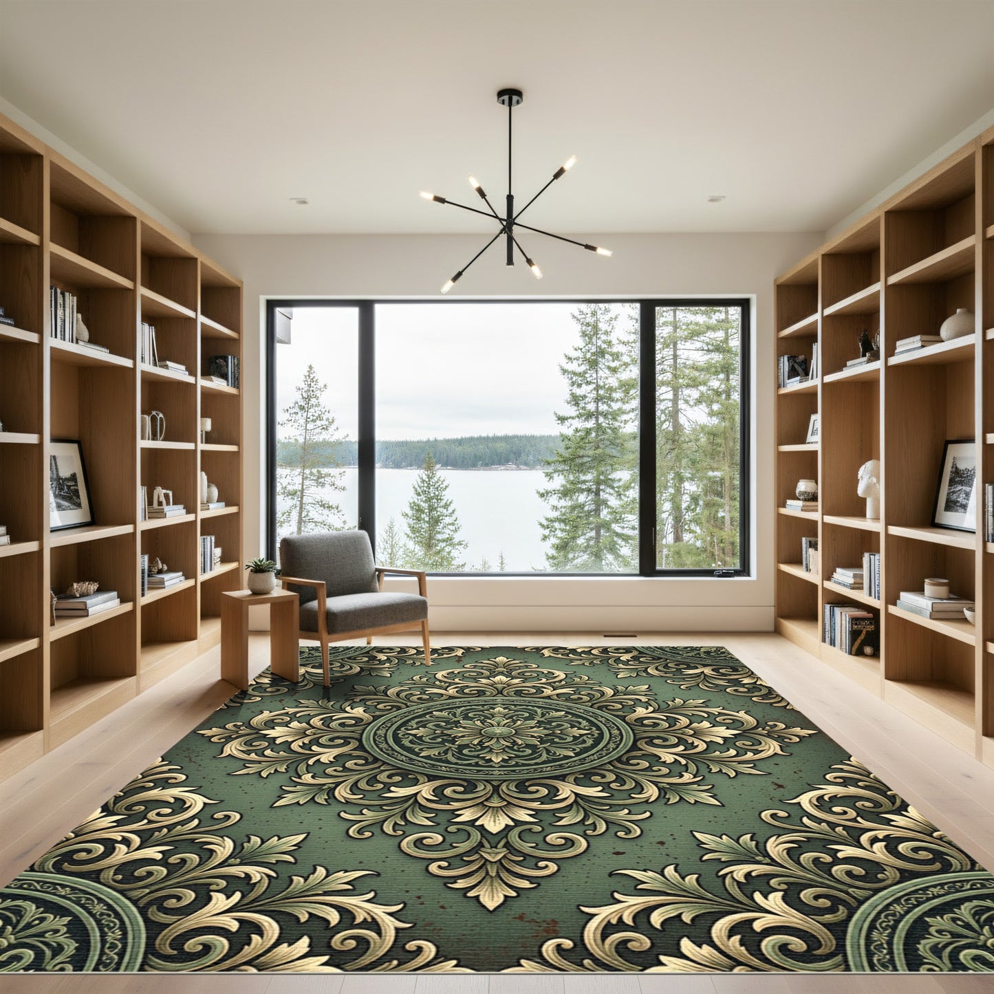Elegant Sage Green Ornate Damask Medallion Rug
