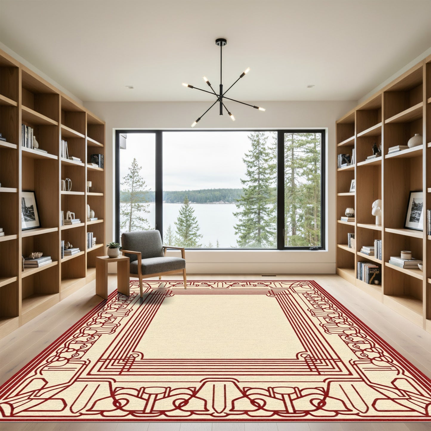 Regal Crimson Geometric Border Rug