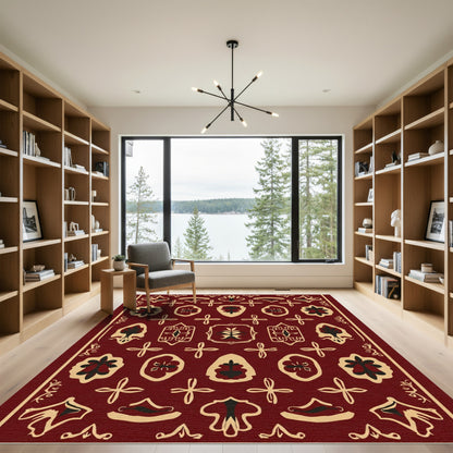Rich Burgundy Botanical Crest Rug