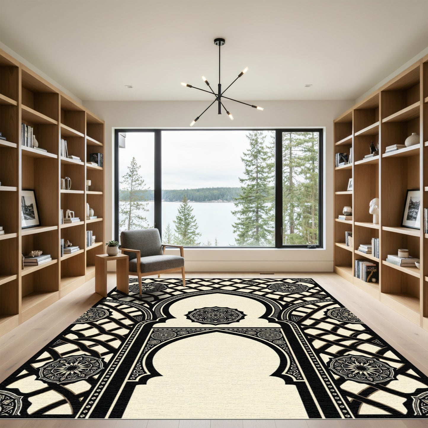 Elegant Monochrome Arched Geometric Mandala Rug