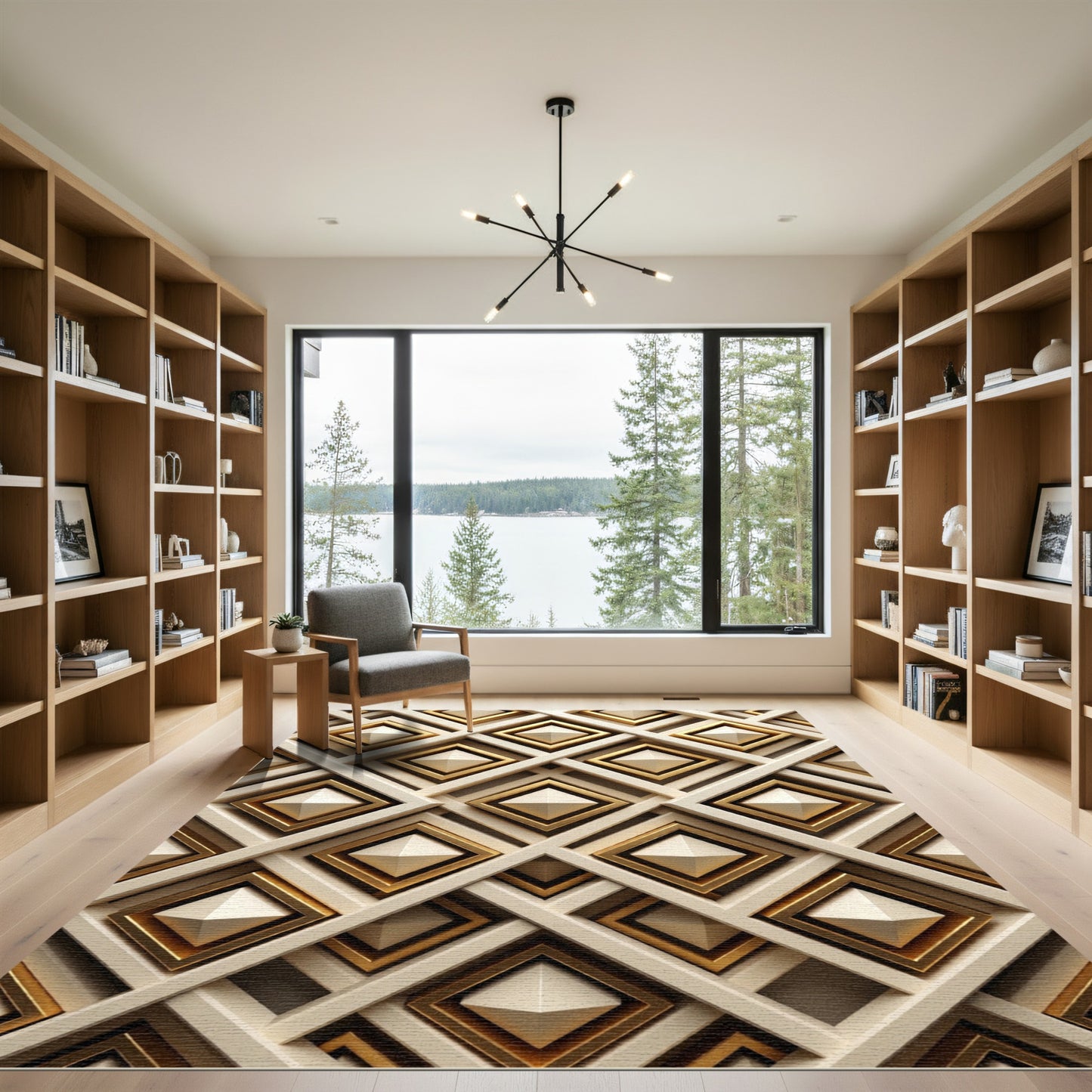 Gold Geometric Lattice Ivory Pyramid Rug