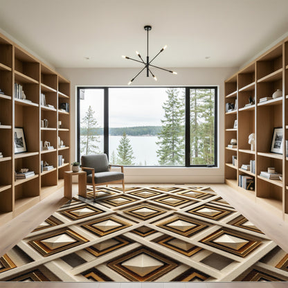 Gold Geometric Lattice Ivory Pyramid Rug
