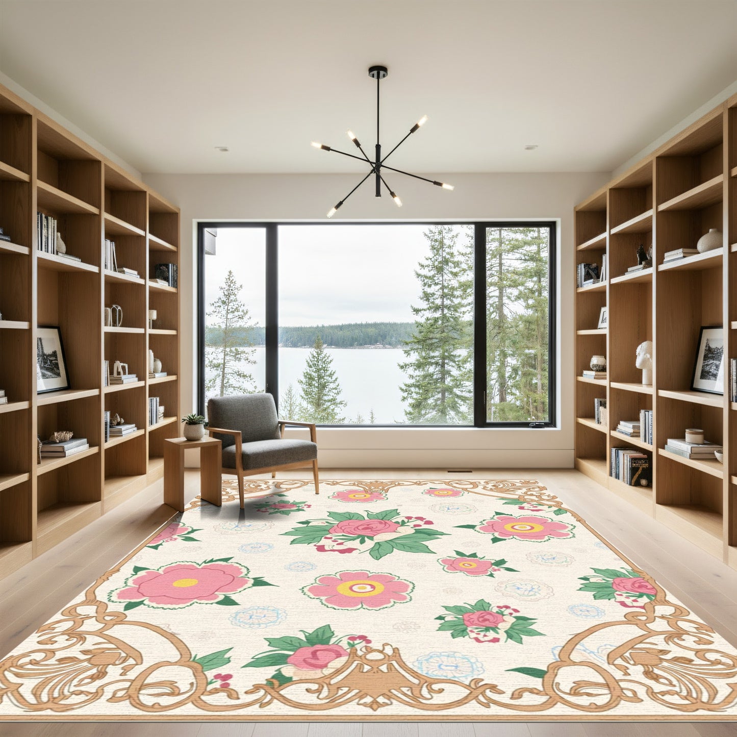 Pink Floral Garden with Gold Trim Rug