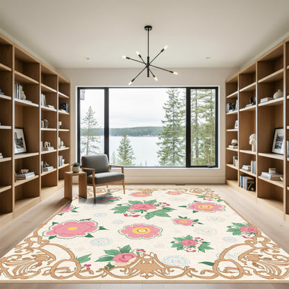 Pink Floral Garden with Gold Trim Rug