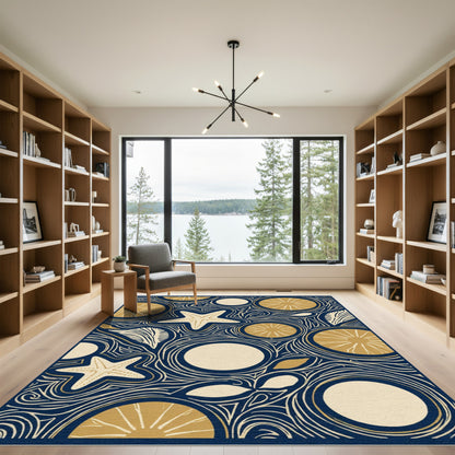 Navy Gold Starfish Citrus Swirl Rug