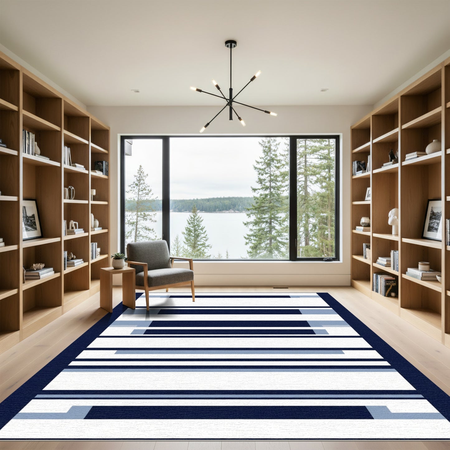 Navy White Blue Striped Rectangular Rug