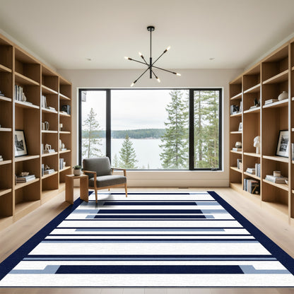 Navy White Blue Striped Rectangular Rug
