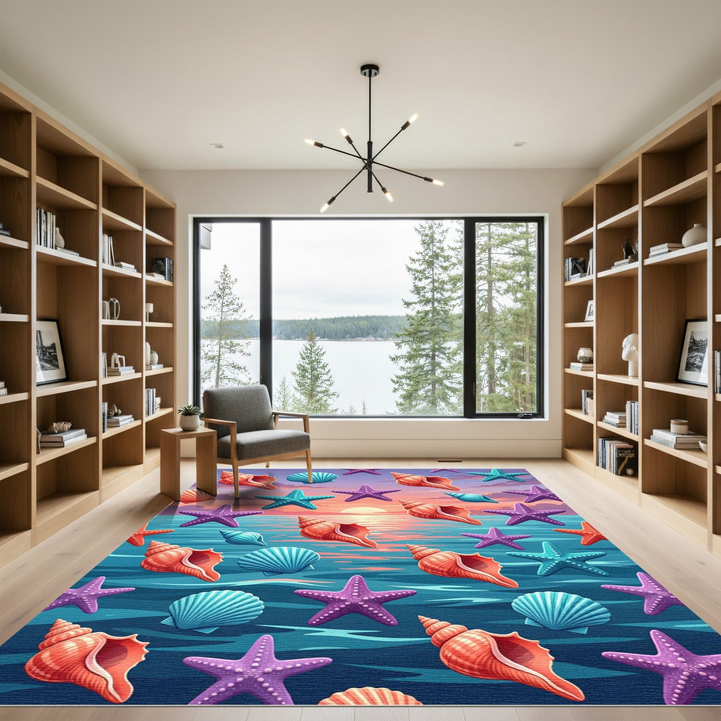 Vibrant Coastal Sunset Seashell Starfish Rug
