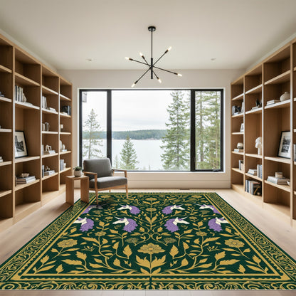 Dark Green Unicorn Floral Tapestry Rug