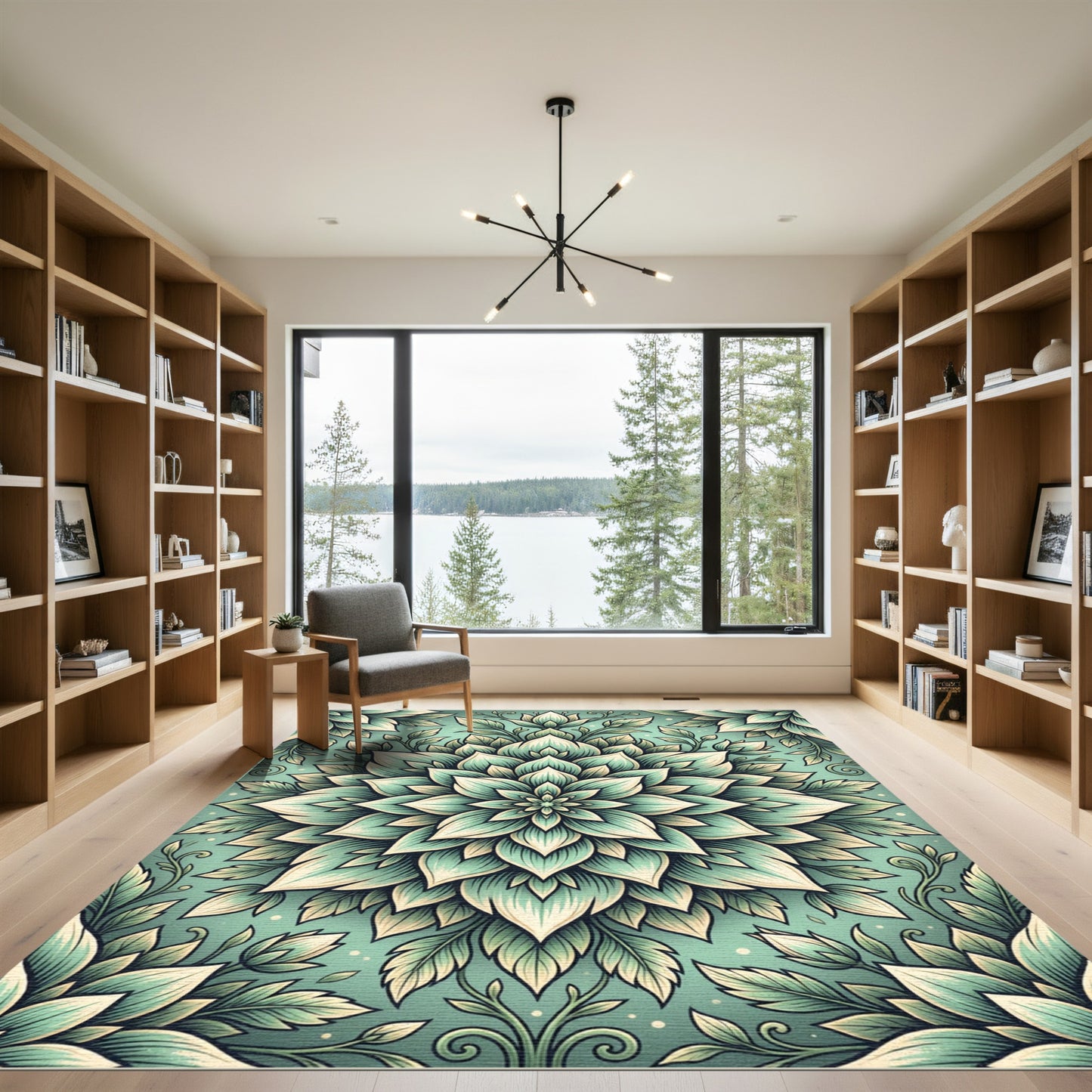 Sage Green Botanical Floral Mandala Rug